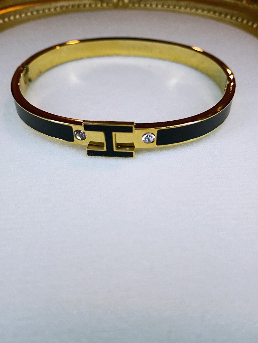 New Gold Tone Bracelet with Black Enamel and Crystal Accents Fashion Jewelry